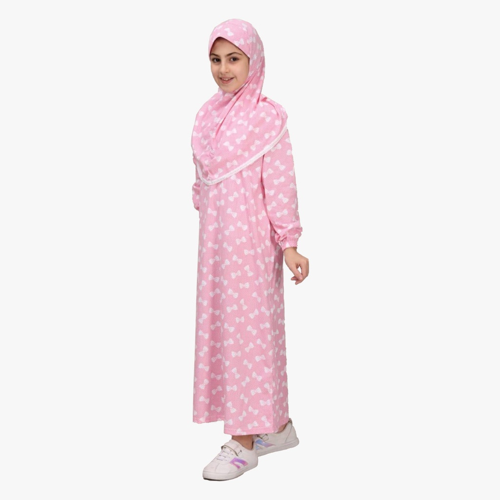Kız Çocuk Namaz Elbisesi Papyon 100% Pamuk Tek Parça Pembe