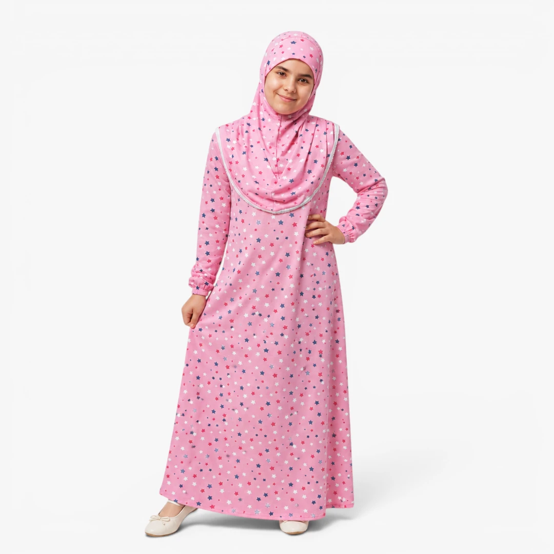 Çocuk Namaz Elbisesi Star 100% Pamuk Tek Parça Pembe
