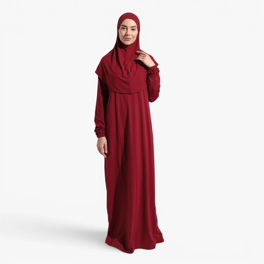 [10041-Bordo] ثوب صلاة قطعة واحدة قطن 100% مريح عملي حجاب متصل لون خمري