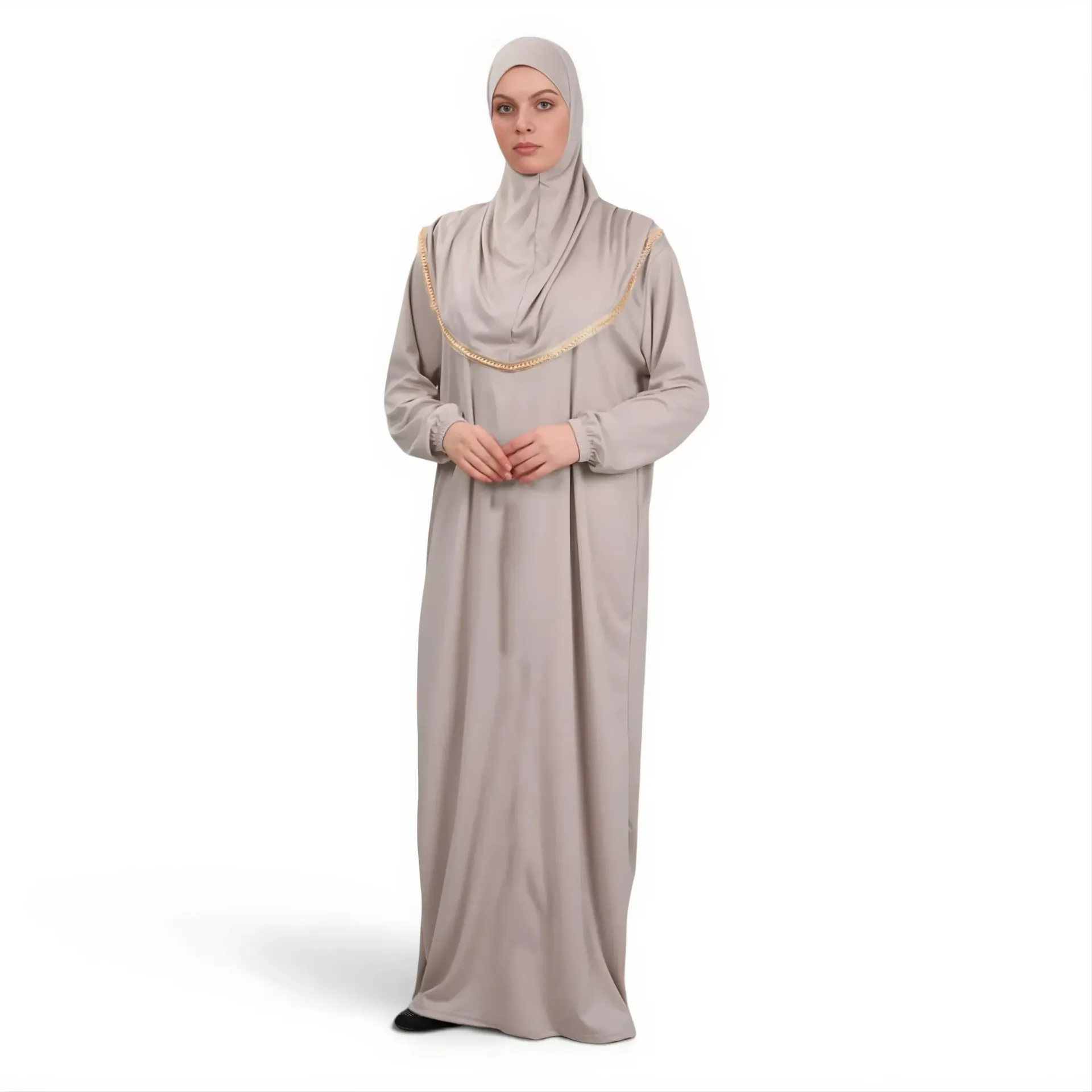 [P10001-Bej] Tek Parça Namaz Elbisesi Yumuşak Jarse Rahat Kullanışlı Kendinden Başörtülü Bej