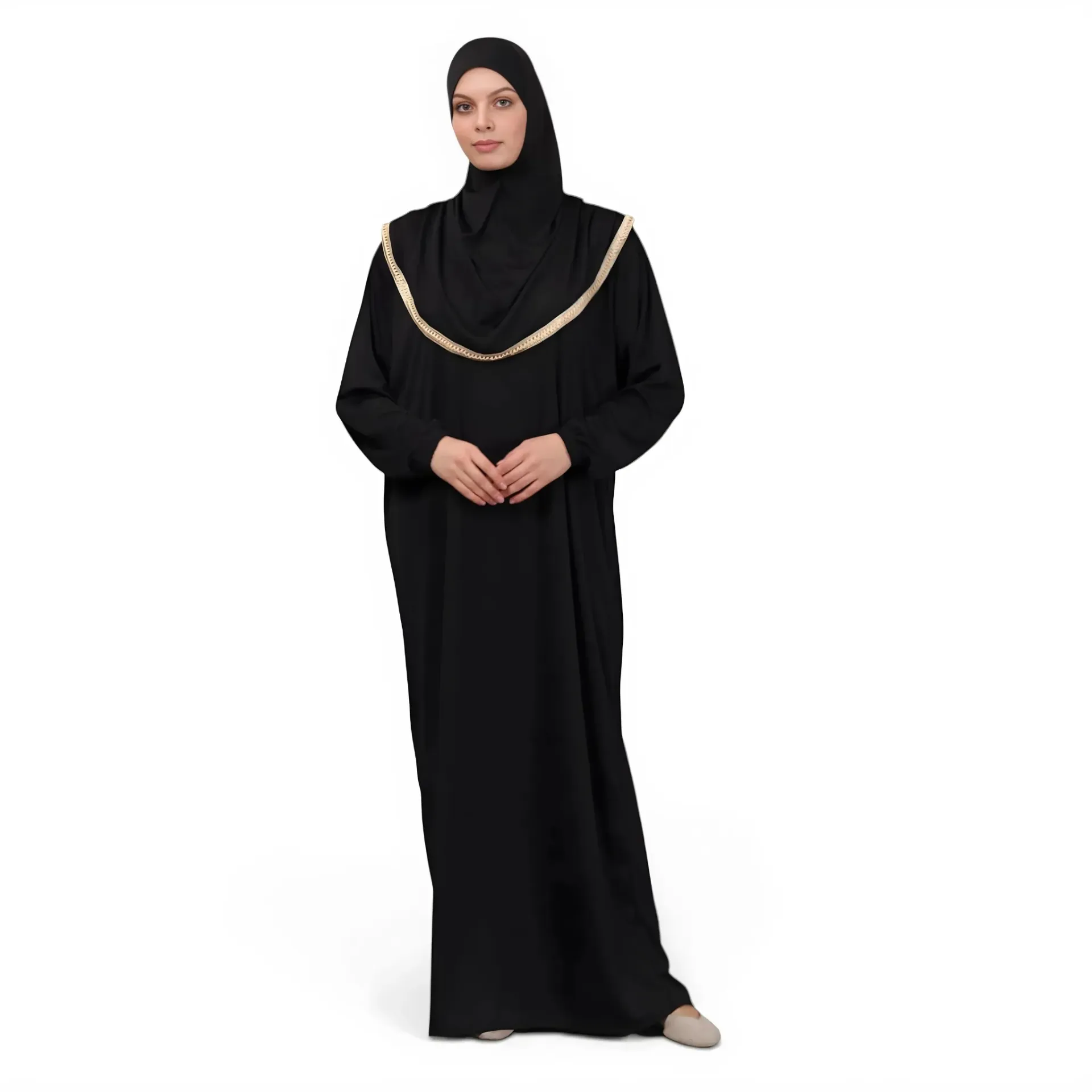[P10001-Siyah] Tek Parça Namaz Elbisesi Yumuşak Jarse Rahat Kullanışlı Kendinden Başörtülü Siyah