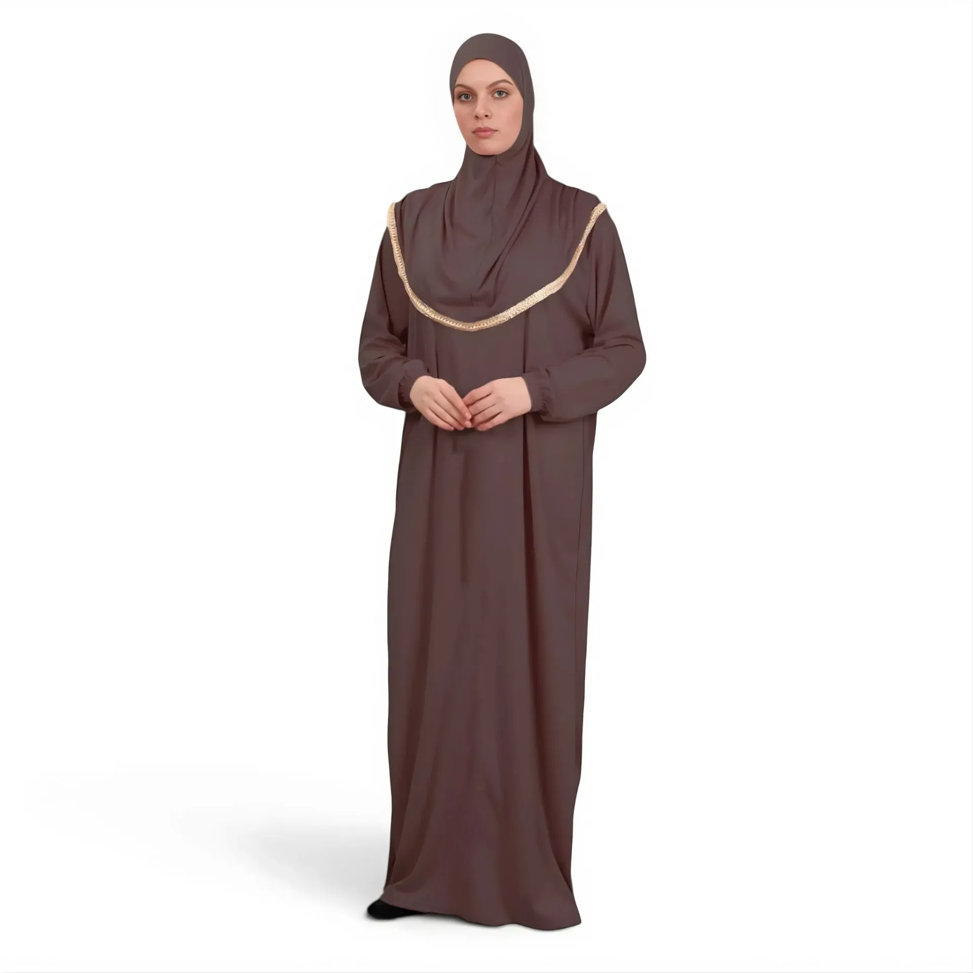 [P10001-Kahverengi] Tek Parça Namaz Elbisesi Yumuşak Jarse Rahat Kullanışlı Kendinden Başörtülü Kahverengi