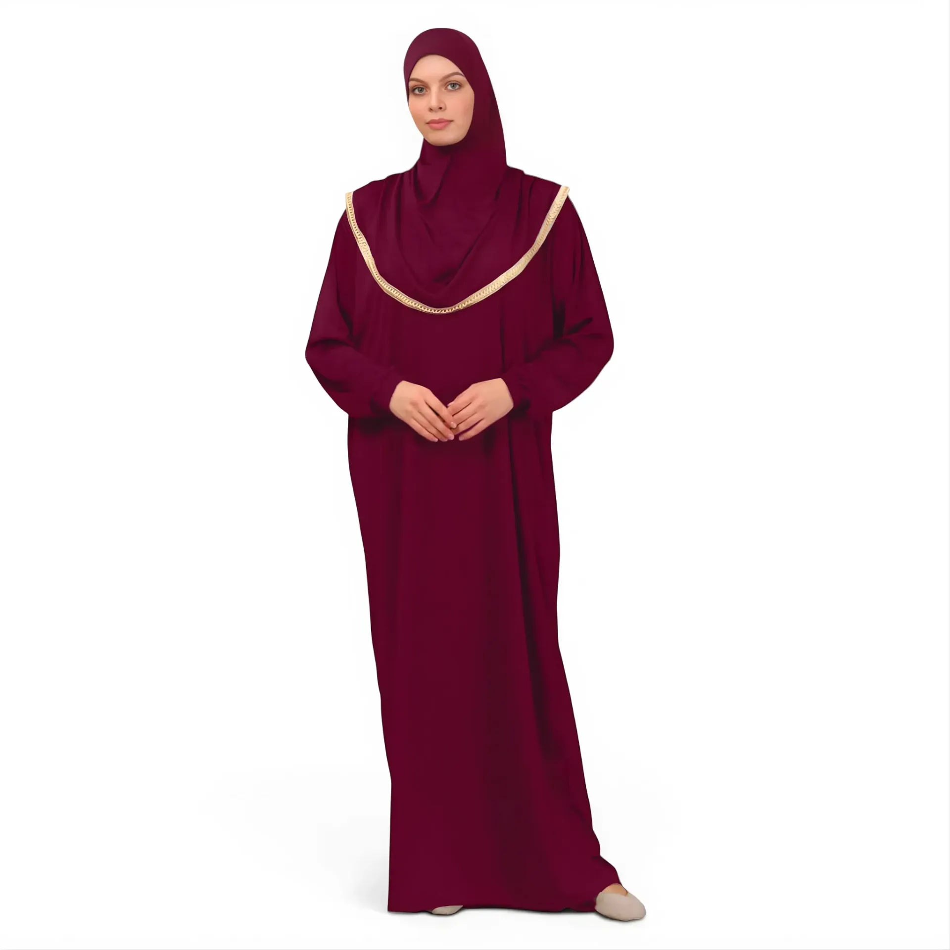 [P10001-Bordo] Tek Parça Namaz Elbisesi Yumuşak Jarse Rahat Kullanışlı Kendinden Başörtülü Bordo
