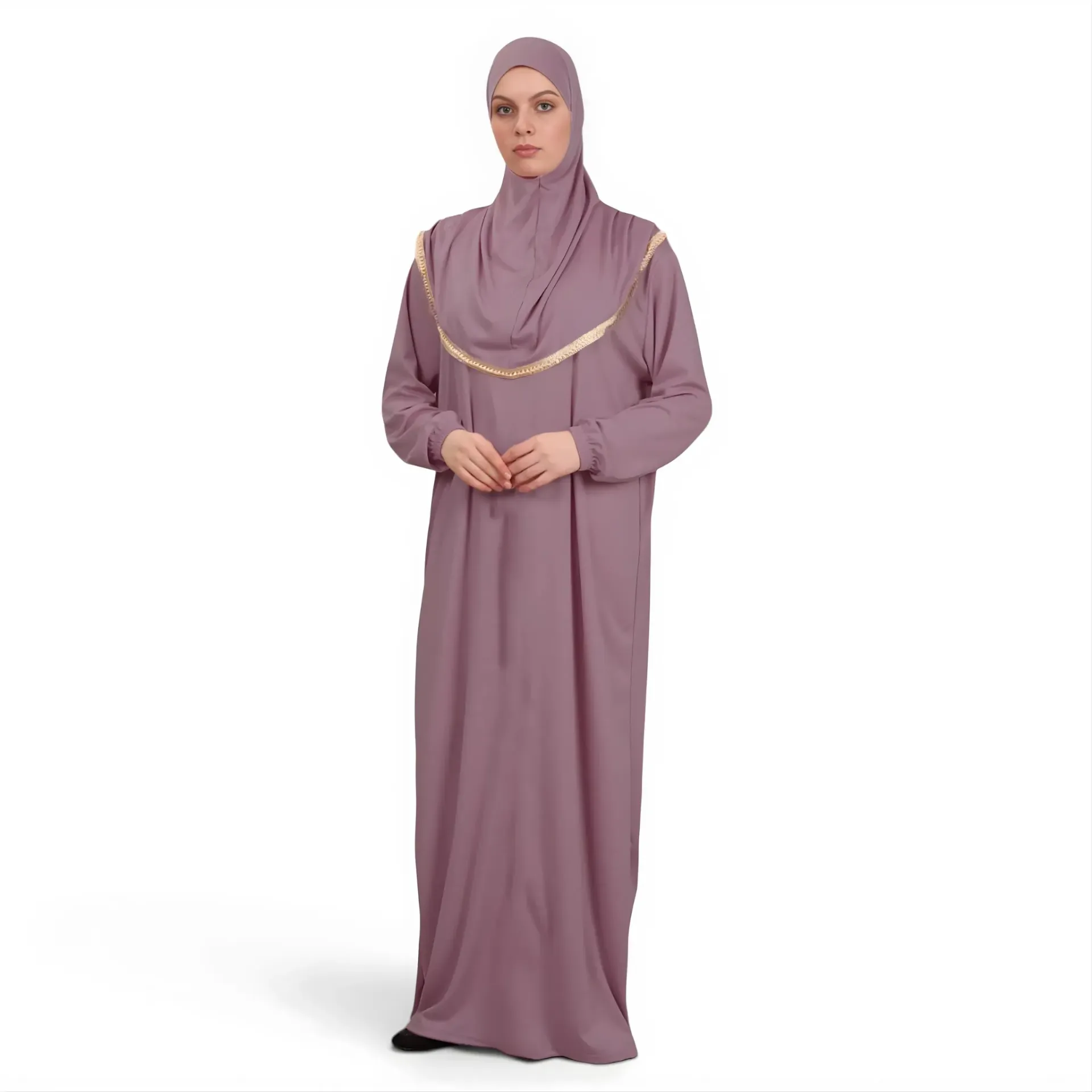 [P10001-Gül kurusu] ثوب صلاة قطعة واحدة جورسيه ناعم مريح عملي حجاب متصل لون ورد مجفف