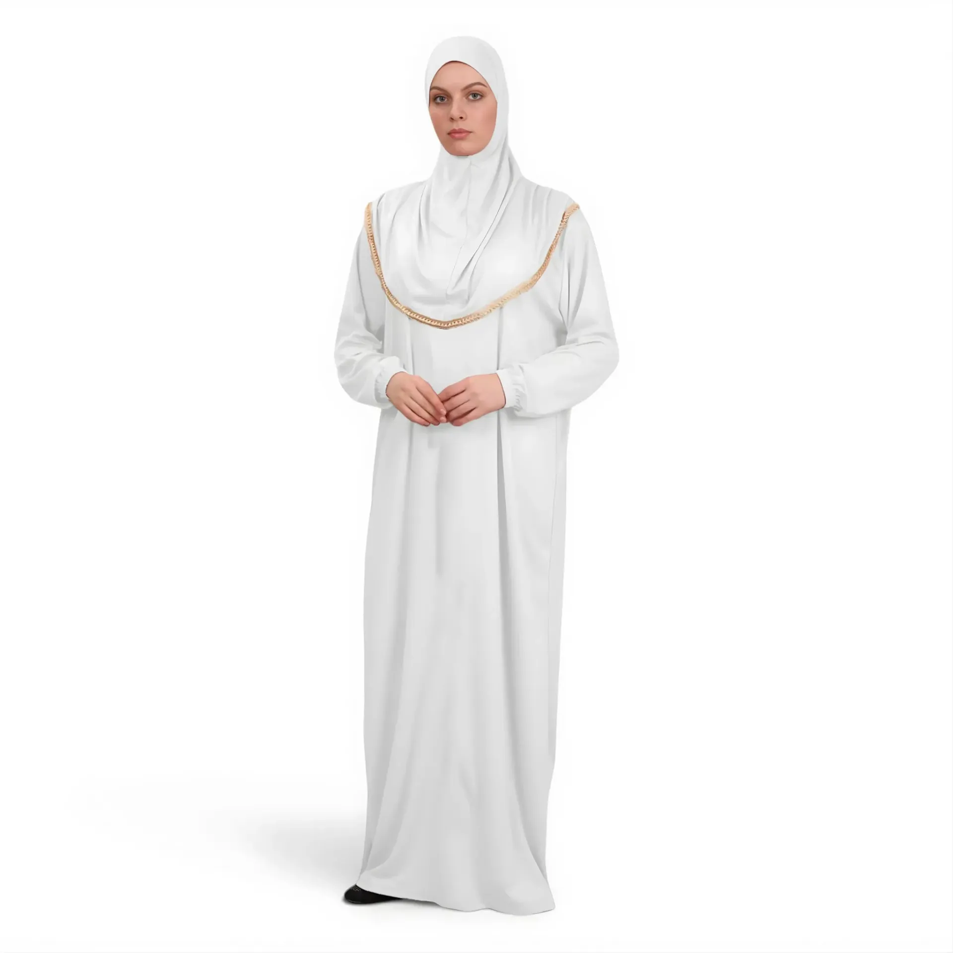 [P10001-Ekru] ثوب صلاة قطعة واحدة جورسيه ناعم مريح عملي حجاب متصل لون سكري