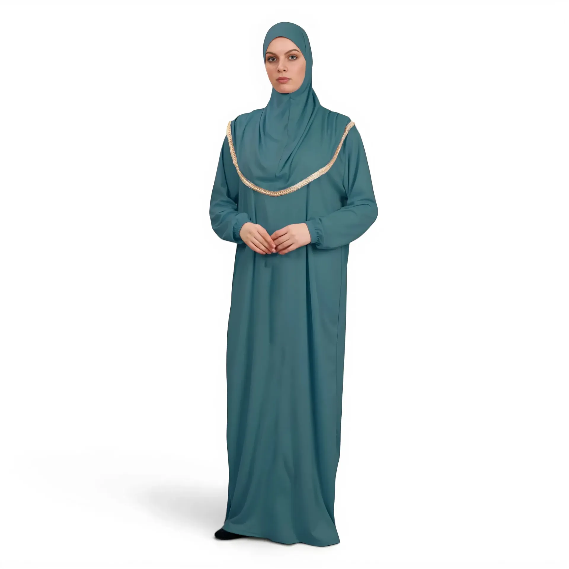 [P10001-Zümrüt] Tek Parça Namaz Elbisesi Yumuşak Jarse Rahat Kullanışlı Kendinden Başörtülü Zümrüt