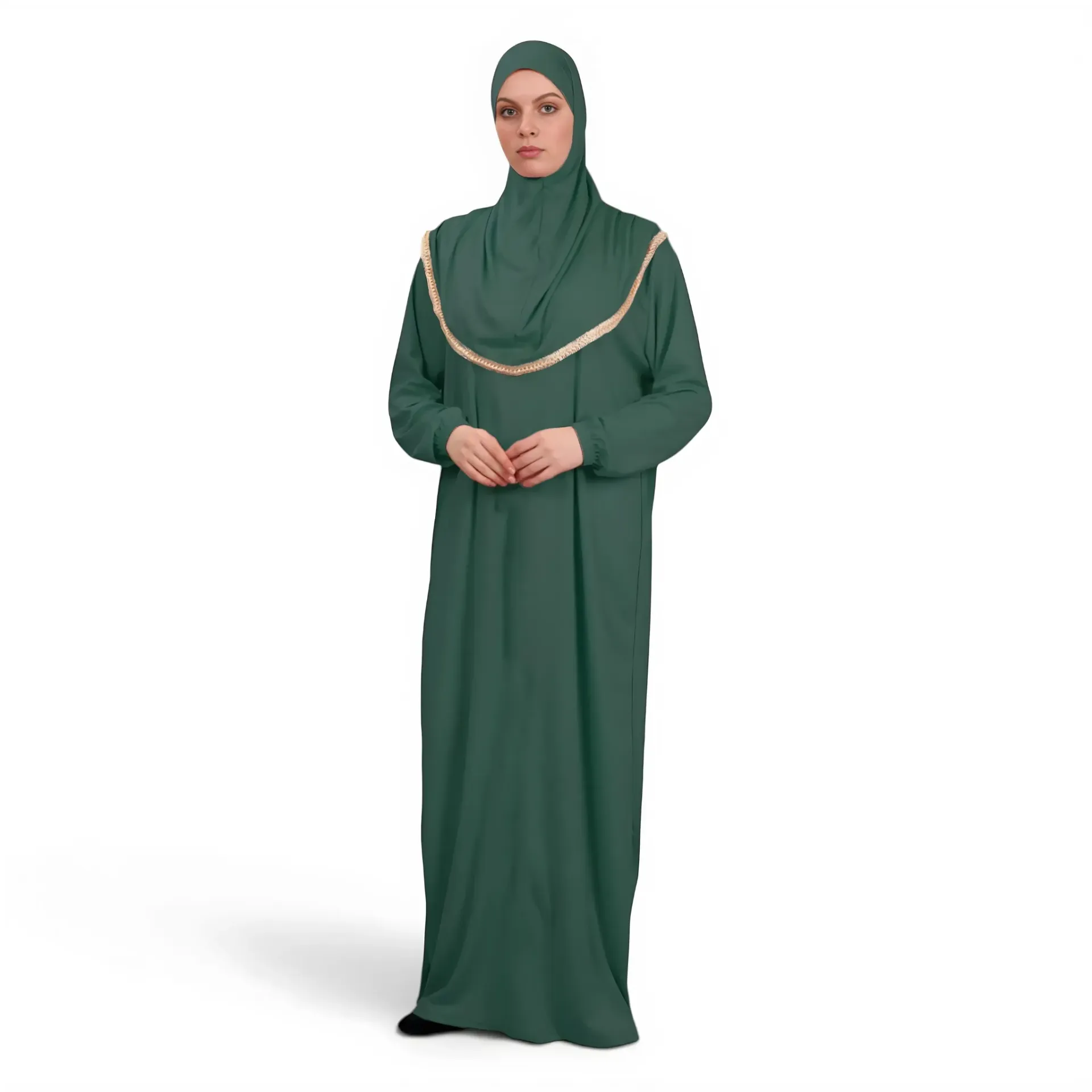 [P10001-Yeşil] Tek Parça Namaz Elbisesi Yumuşak Jarse Rahat Kullanışlı Kendinden Başörtülü Yeşil