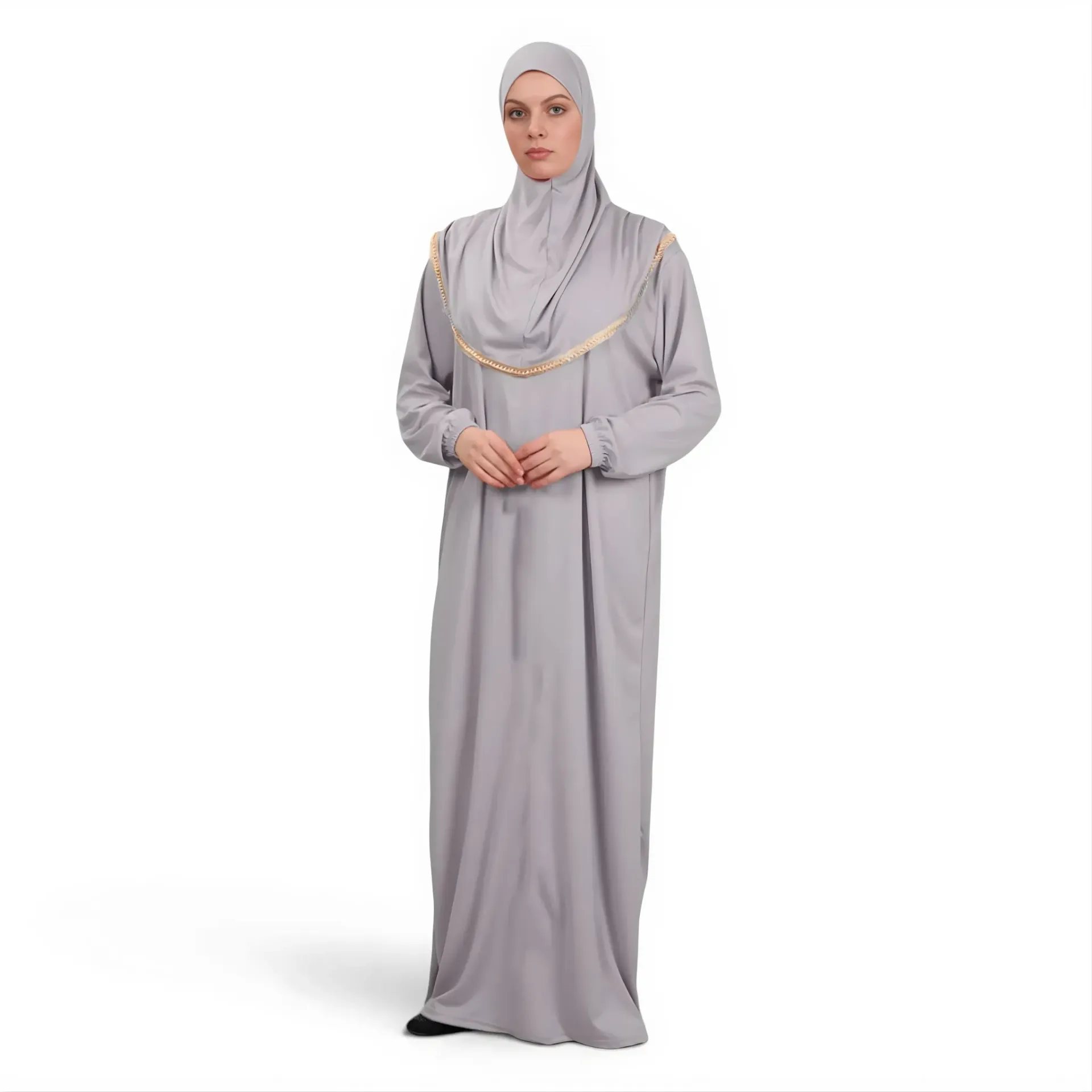 [P10001-Gri] Tek Parça Namaz Elbisesi Yumuşak Jarse Rahat Kullanışlı Kendinden Başörtülü Gri