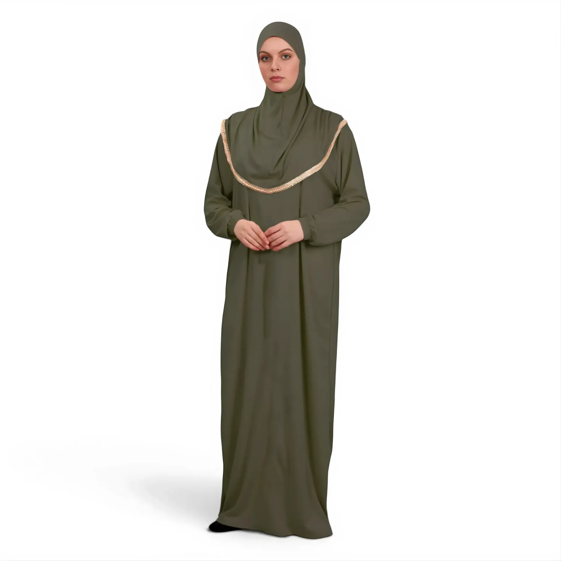 [P10001-Haki] Tek Parça Namaz Elbisesi Yumuşak Jarse Rahat Kullanışlı Kendinden Başörtülü Haki