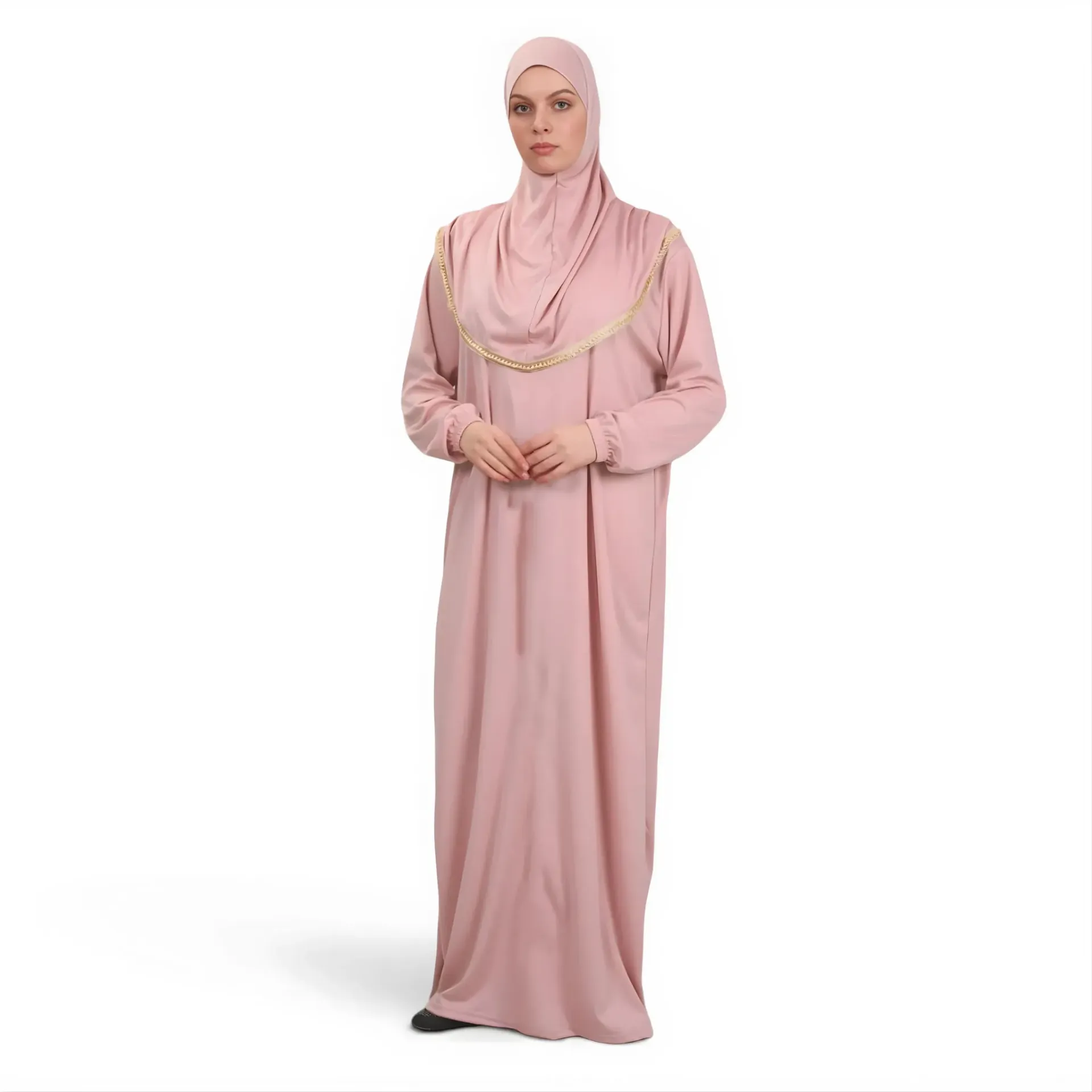 [P10001-Açık Pudra] Tek Parça Namaz Elbisesi Yumuşak Jarse Rahat Kullanışlı Kendinden Başörtülü Açık Pudra