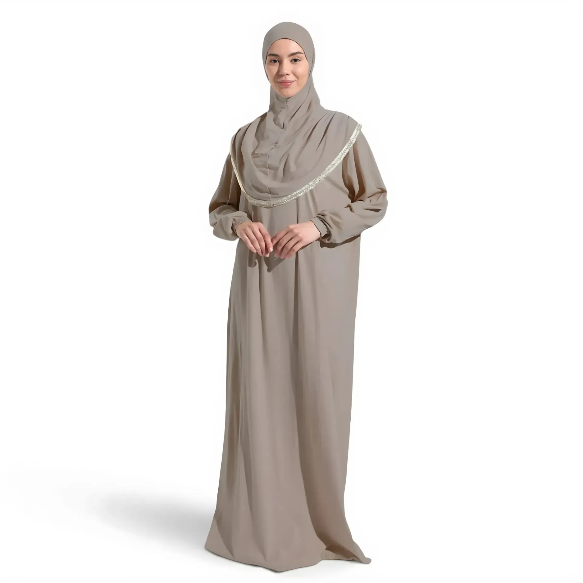 [P10001-Vizon] Tek Parça Namaz Elbisesi Yumuşak Jarse Rahat Kullanışlı Kendinden Başörtülü Vizon