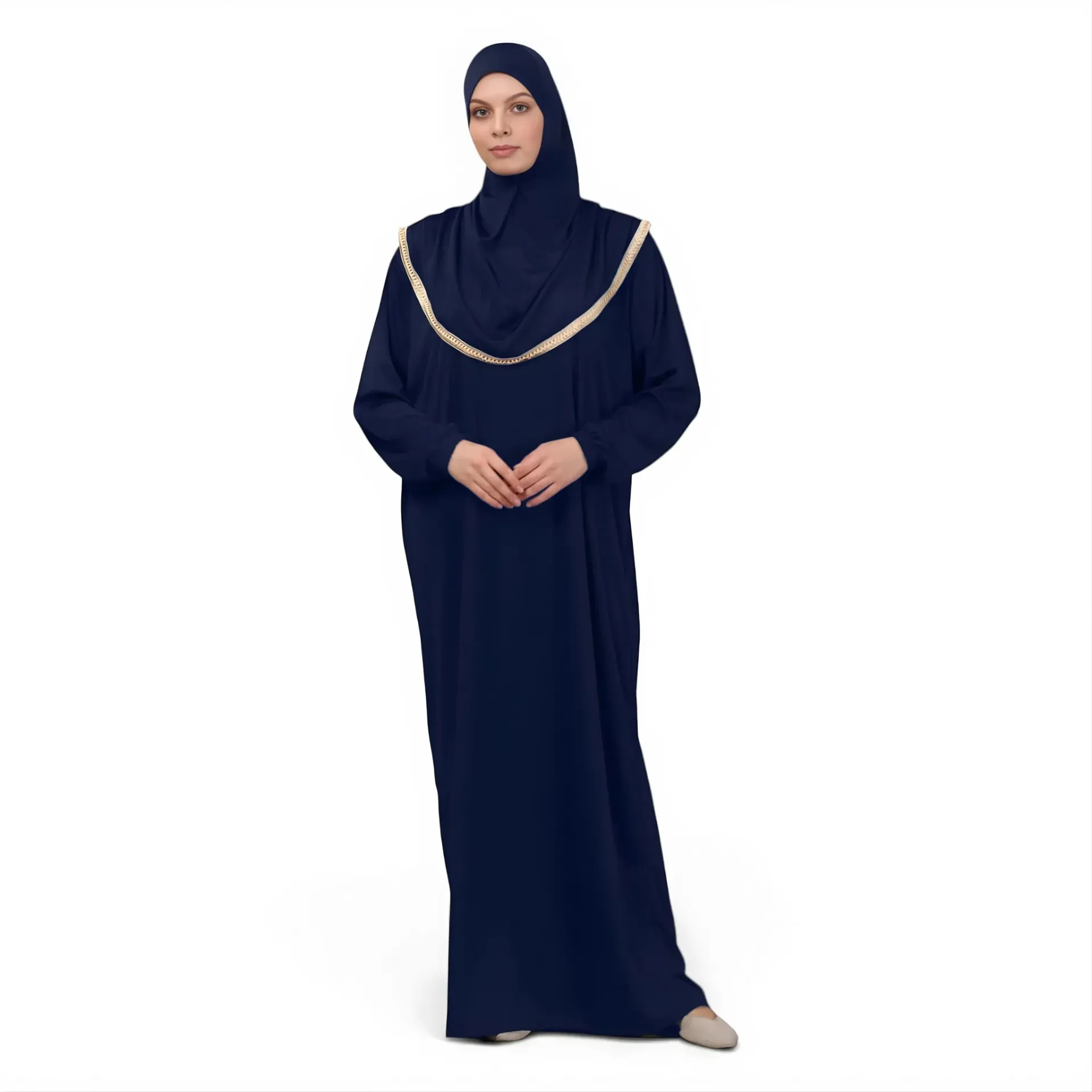 [P10001-Lacivert] ثوب صلاة قطعة واحدة جورسيه ناعم مريح عملي حجاب متصل لون كحلي