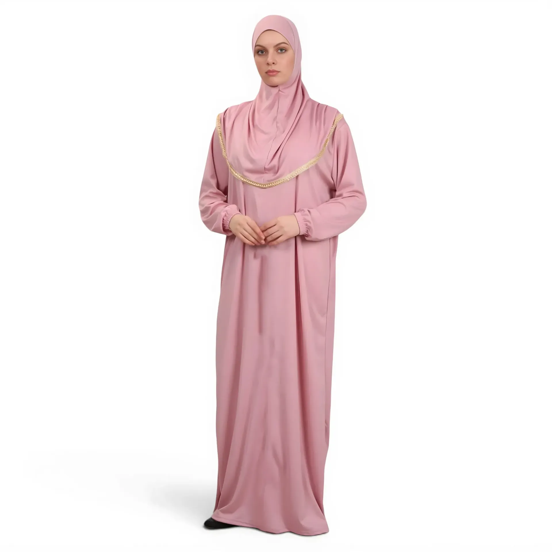 [P10001-Pembe] Tek Parça Namaz Elbisesi Yumuşak Jarse Rahat Kullanışlı Kendinden Başörtülü Pembe