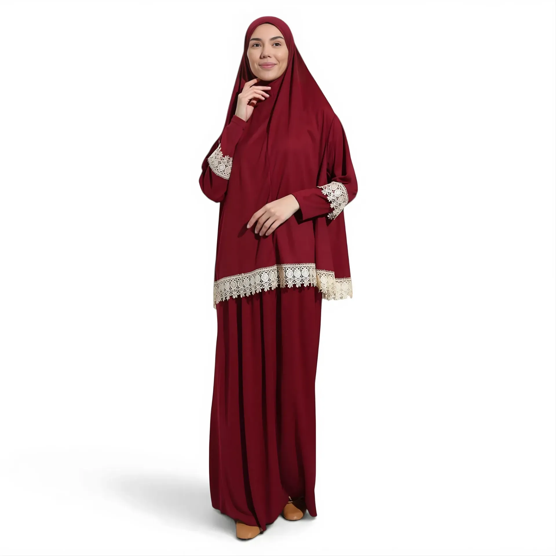 [P10021-Bordo] İki Parça Namaz Elbisesi Yumuşak Jarse Lüks Dantel İşlemeli Rahat Kullanışlı Bordo
