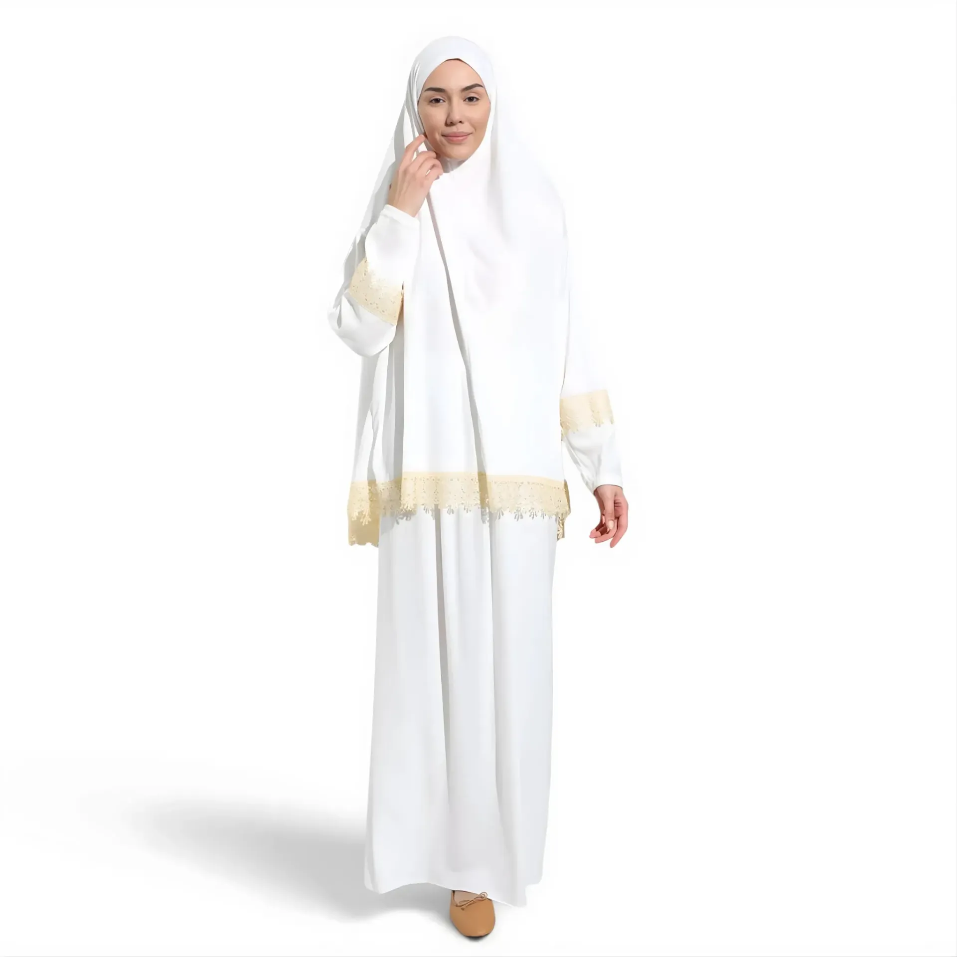 [P10021-Ekru] İki Parça Namaz Elbisesi Yumuşak Jarse Lüks Dantel İşlemeli Rahat Kullanışlı Ekru
