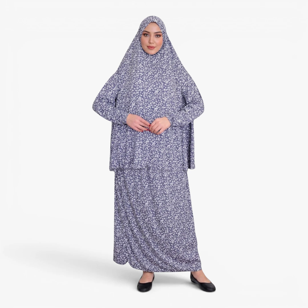 [P10240-Mavi] ثوب صلاة قطعتين جورسيه ناعم نقش زهرة مريح عملي حجاب متصل لون أزرق