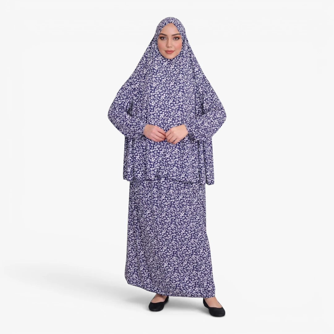 [P10240-Lacivert] ثوب صلاة قطعتين جورسيه ناعم نقش زهرة مريح عملي حجاب متصل لون كحلي
