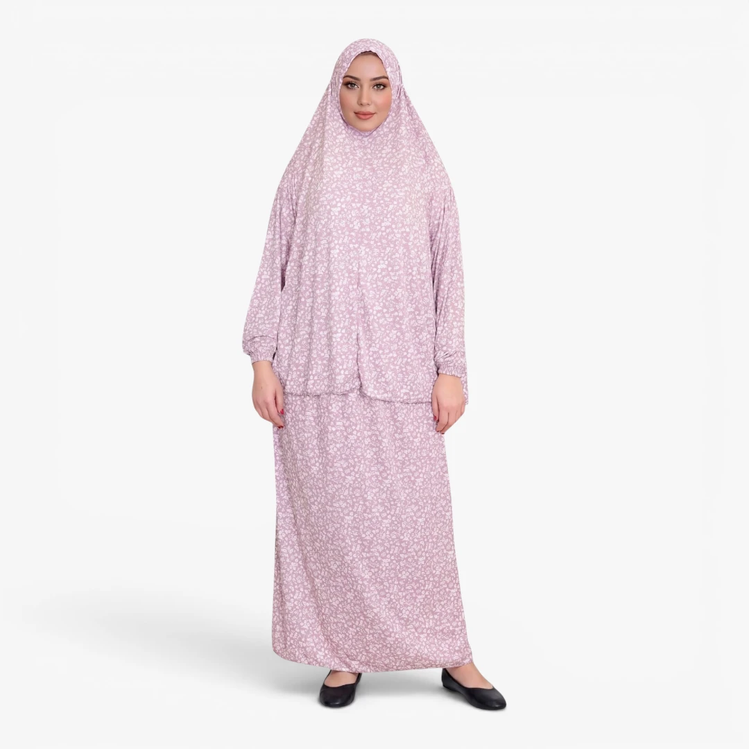 [P10240-Pembe] İki Parça Namaz Elbisesi Yumuşak Jarse Çiçek Desenli Rahat Kullanışlı Kendinden Başörtülü Pembe