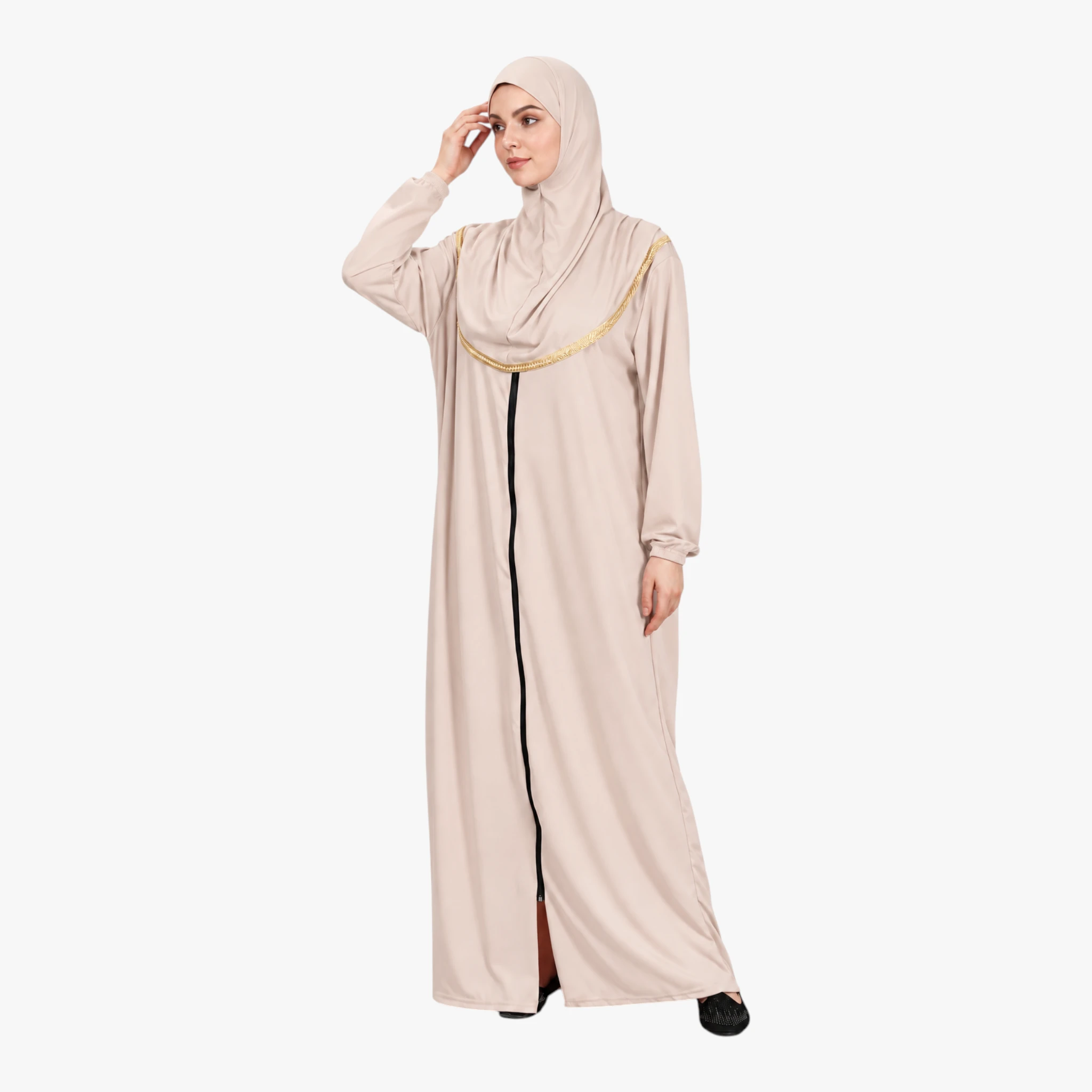 One Piece Prayer Dress with Zipper Soft Jersey Fabric and Attached Hijab Beige