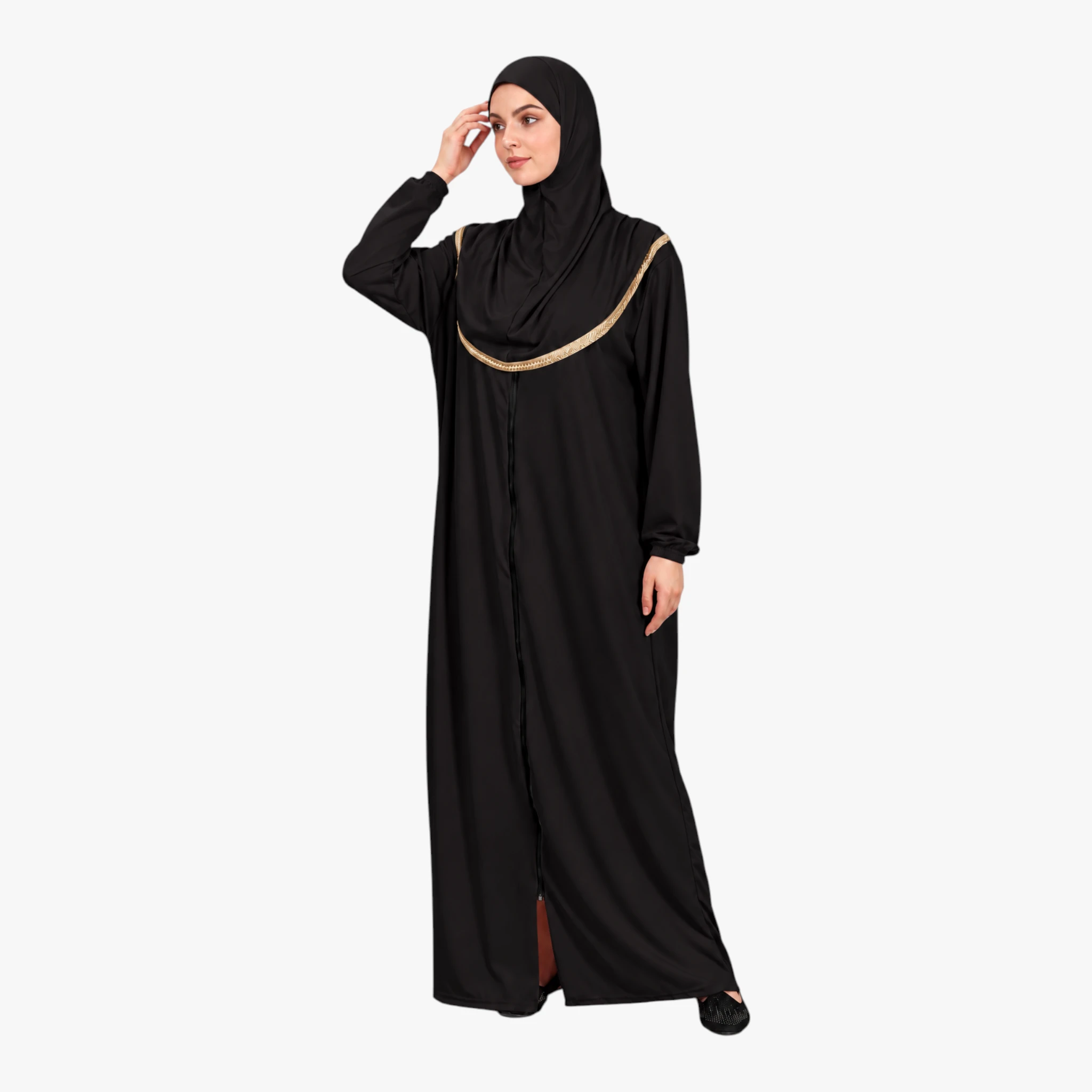 One Piece Prayer Dress with Zipper Soft Jersey Fabric and Attached Hijab Black