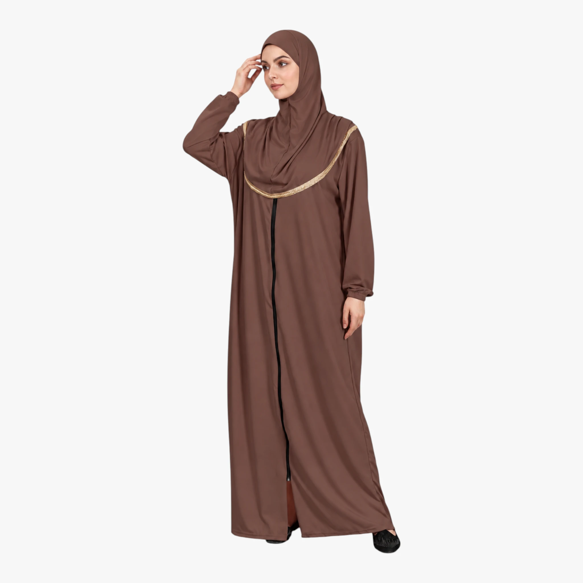 [10165] One Piece Prayer Dress with Zipper Soft Jersey Fabric and Attached Hijab Brown