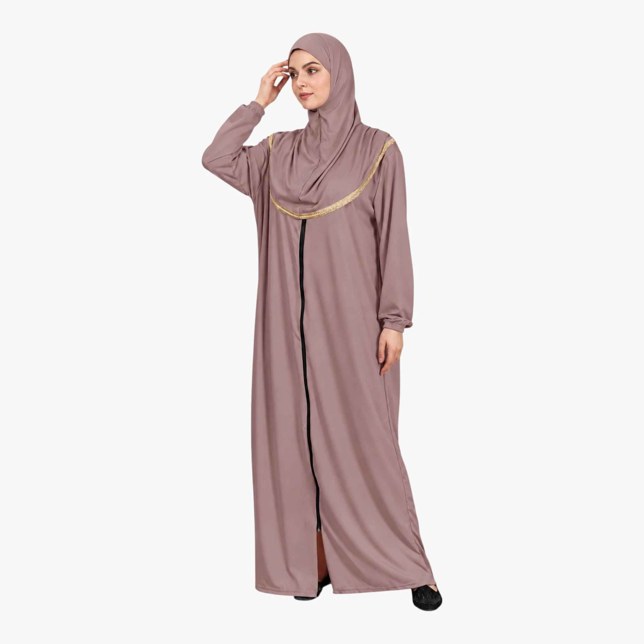 One Piece Prayer Dress with Zipper Soft Jersey Fabric and Attached Hijab Dusty Rose