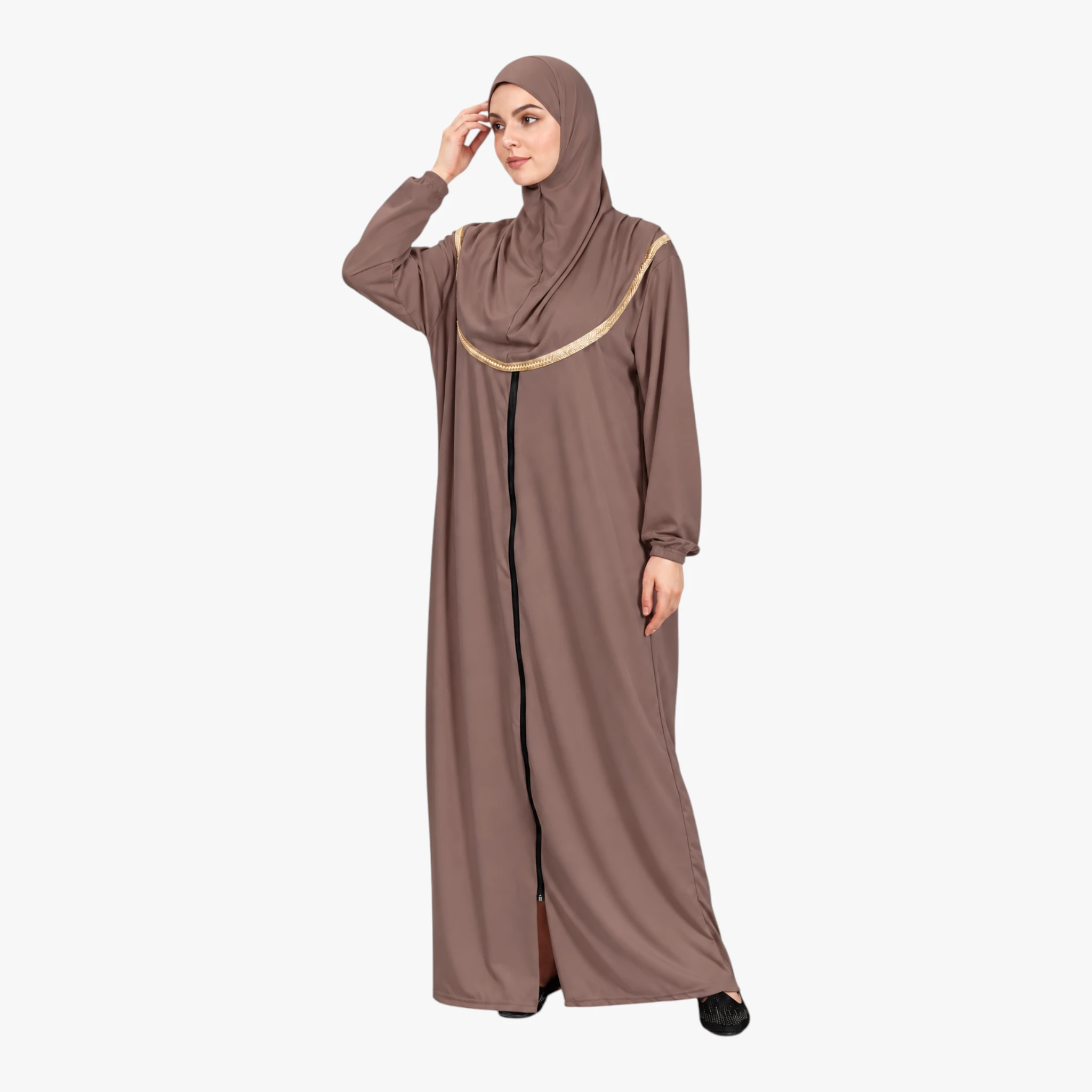 [10161] One Piece Prayer Dress with Zipper Soft Jersey Fabric and Attached Hijab Earth Tone