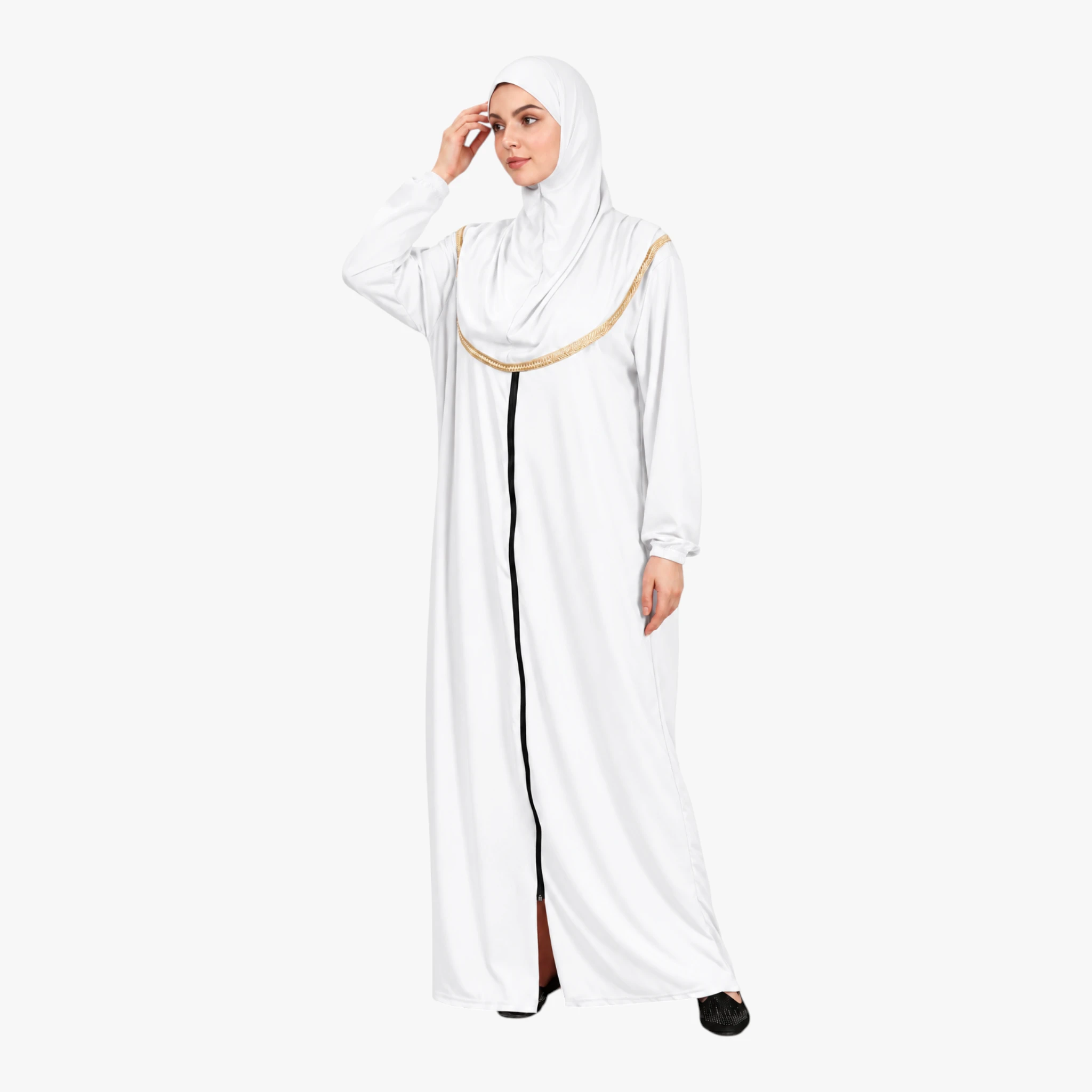 One Piece Prayer Dress with Zipper Soft Jersey Fabric and Attached Hijab Ecru