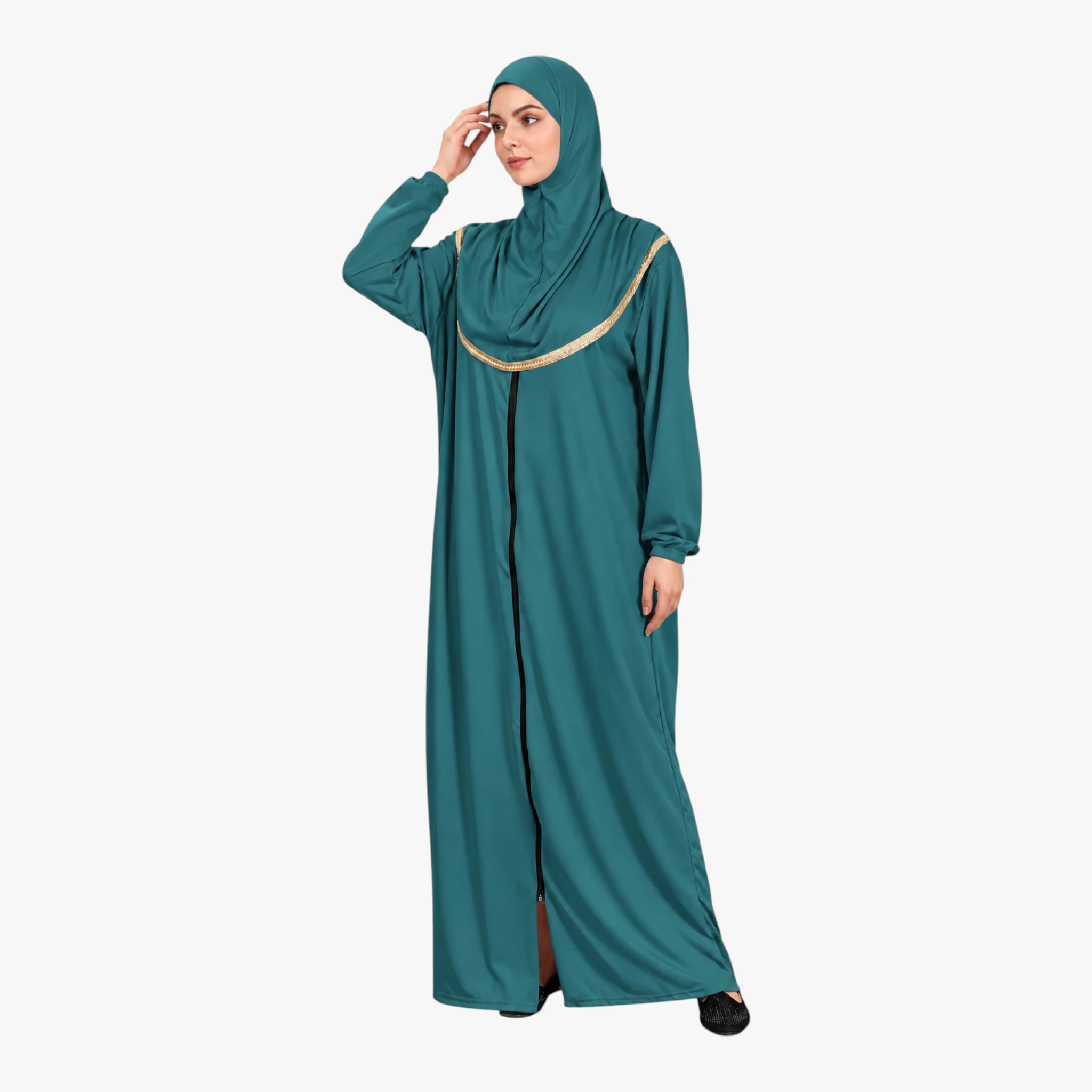 One Piece Prayer Dress with Zipper Soft Jersey Fabric and Attached Hijab Emerald Green
