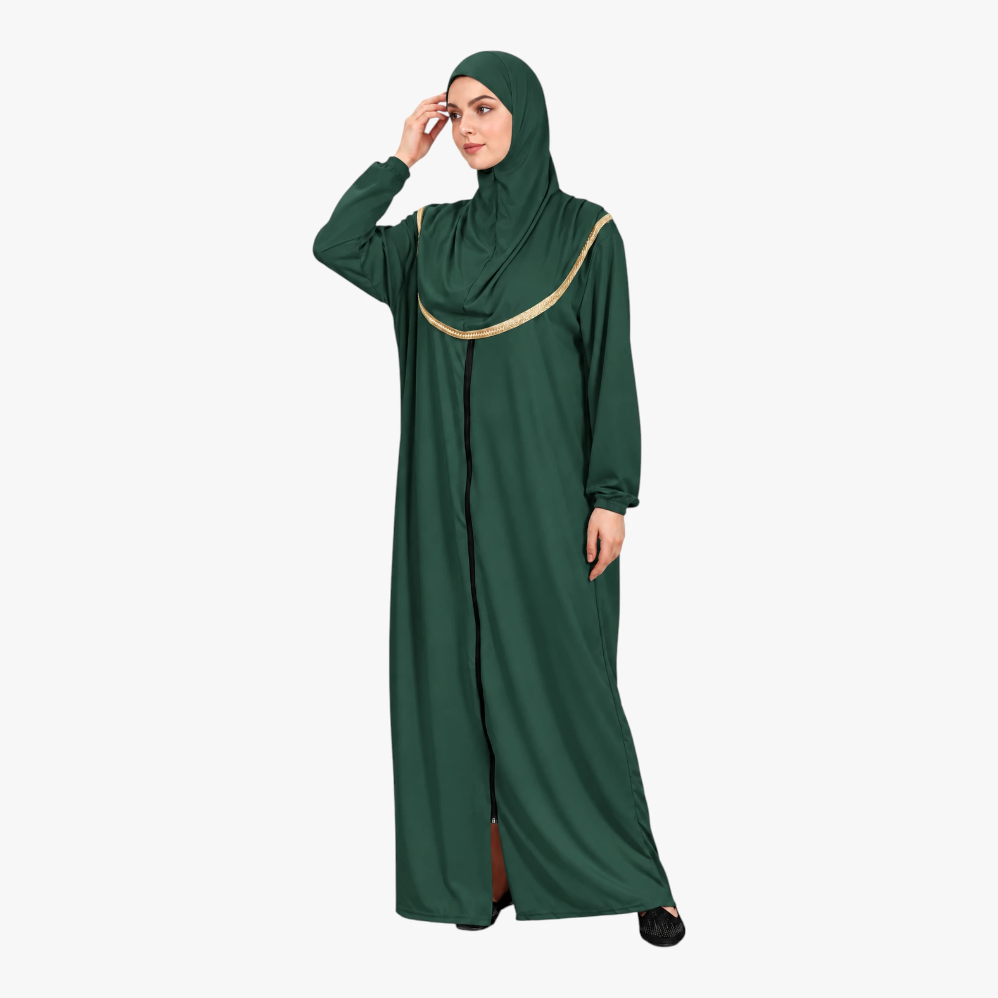 One Piece Prayer Dress with Zipper Soft Jersey Fabric and Attached Hijab Green