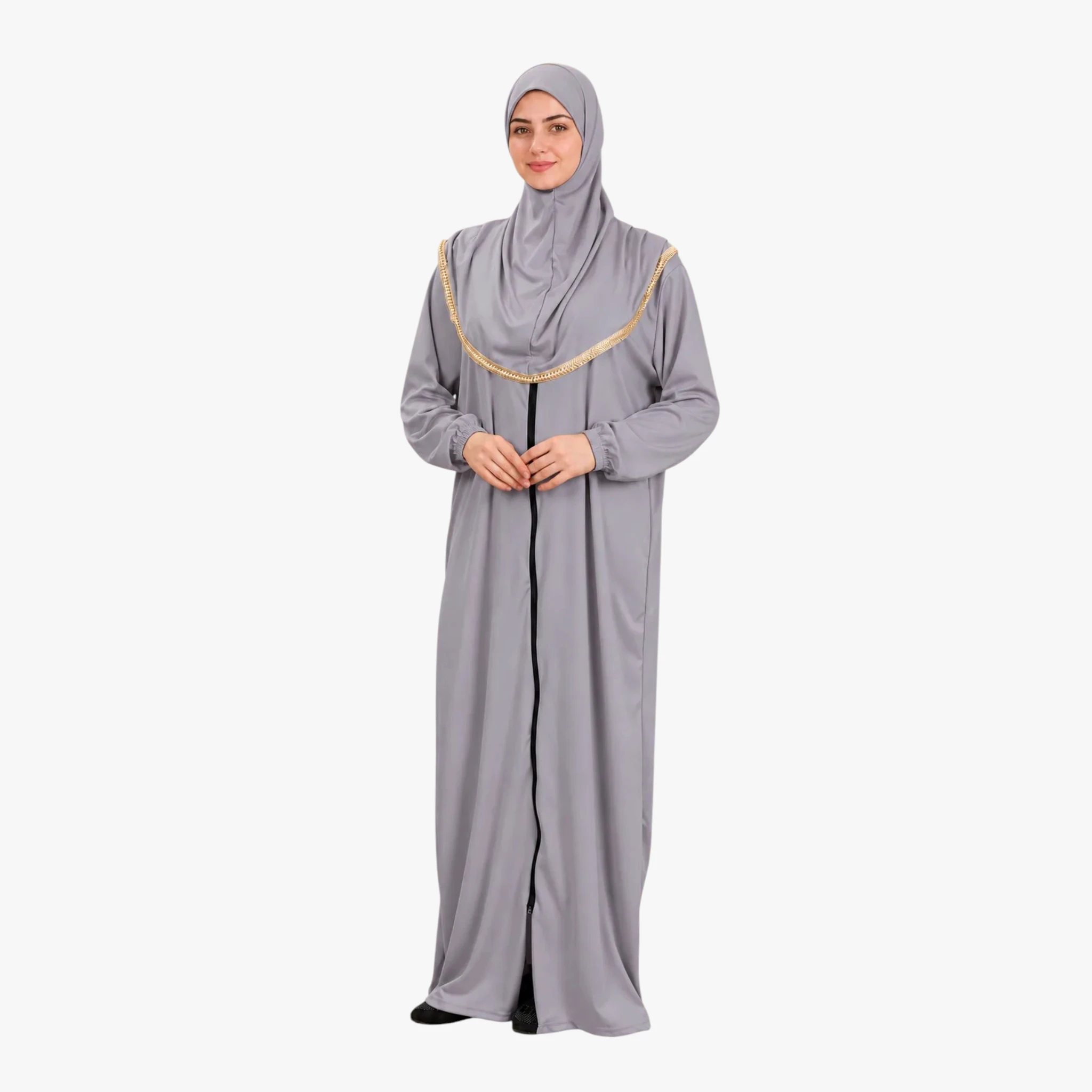 One Piece Prayer Dress with Zipper Soft Jersey Fabric and Attached Hijab Grey