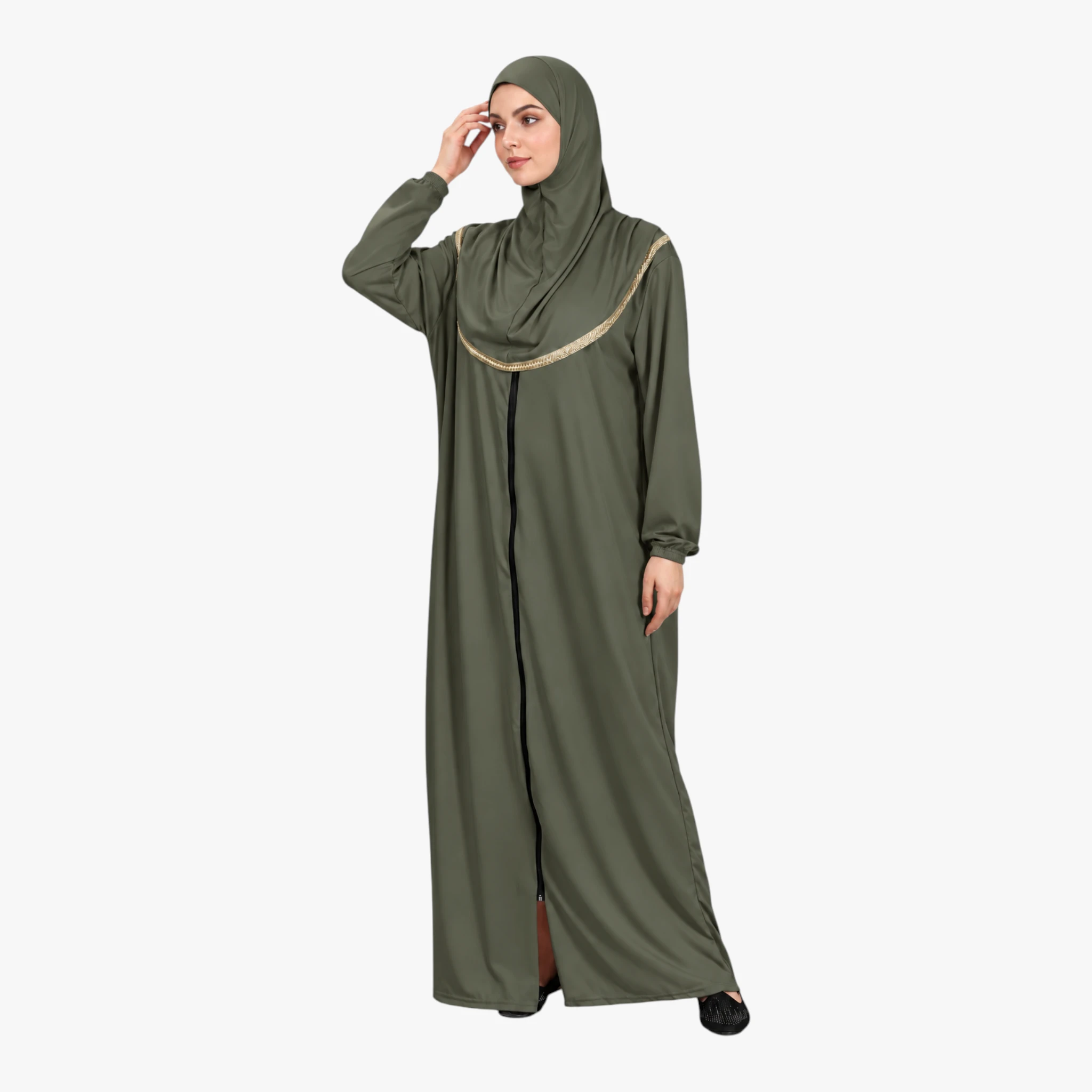 One Piece Prayer Dress with Zipper Soft Jersey Fabric and Attached Hijab Khaki