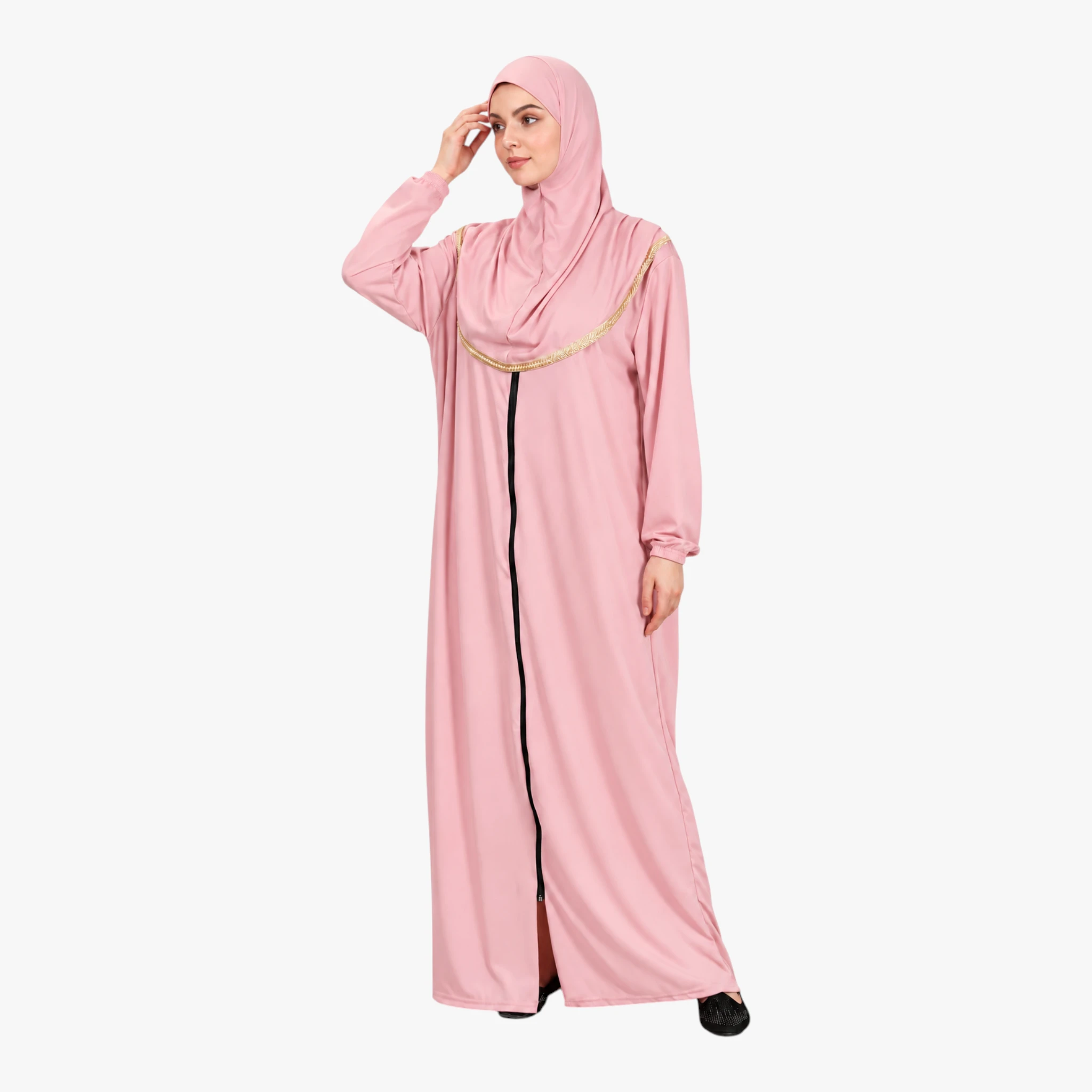 One Piece Prayer Dress with Zipper Soft Jersey Fabric and Attached Hijab Light Powder Pink