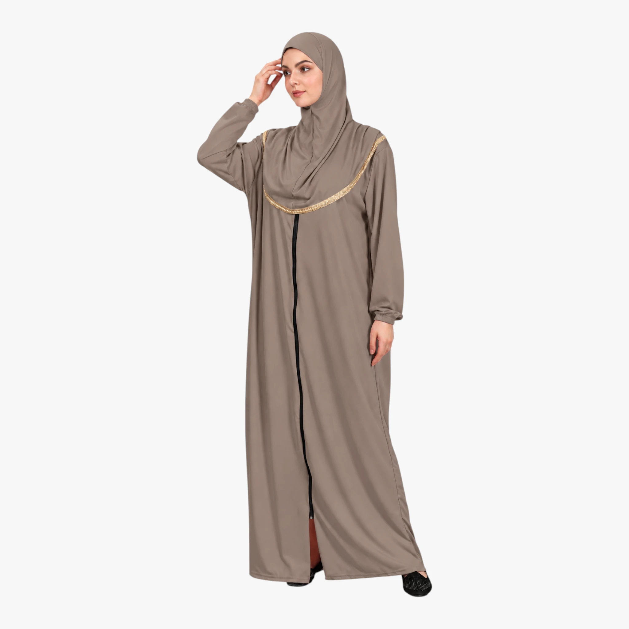 One Piece Prayer Dress with Zipper Soft Jersey Fabric and Attached Hijab Mink