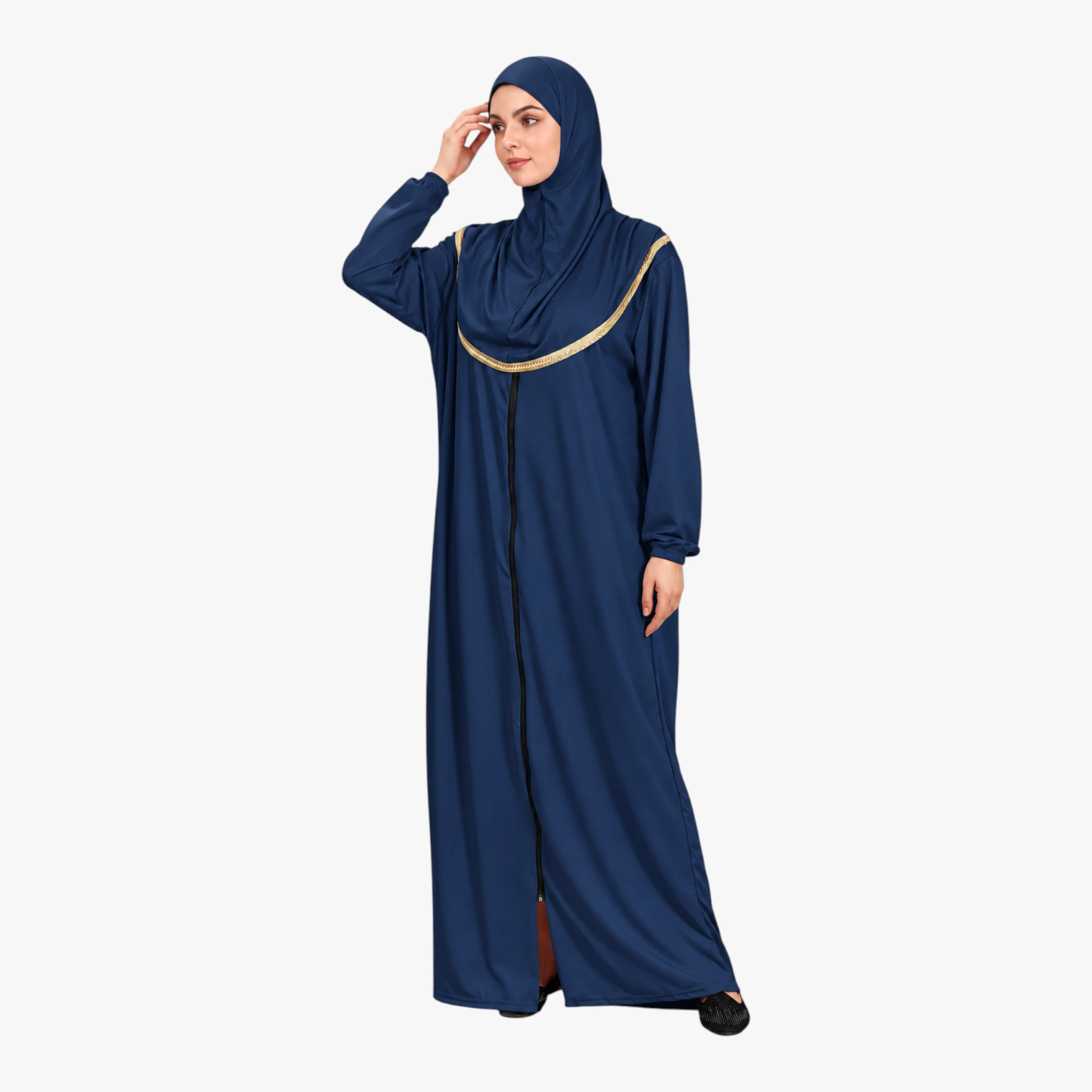 One Piece Prayer Dress with Zipper Soft Jersey Fabric and Attached Hijab Navy Blue