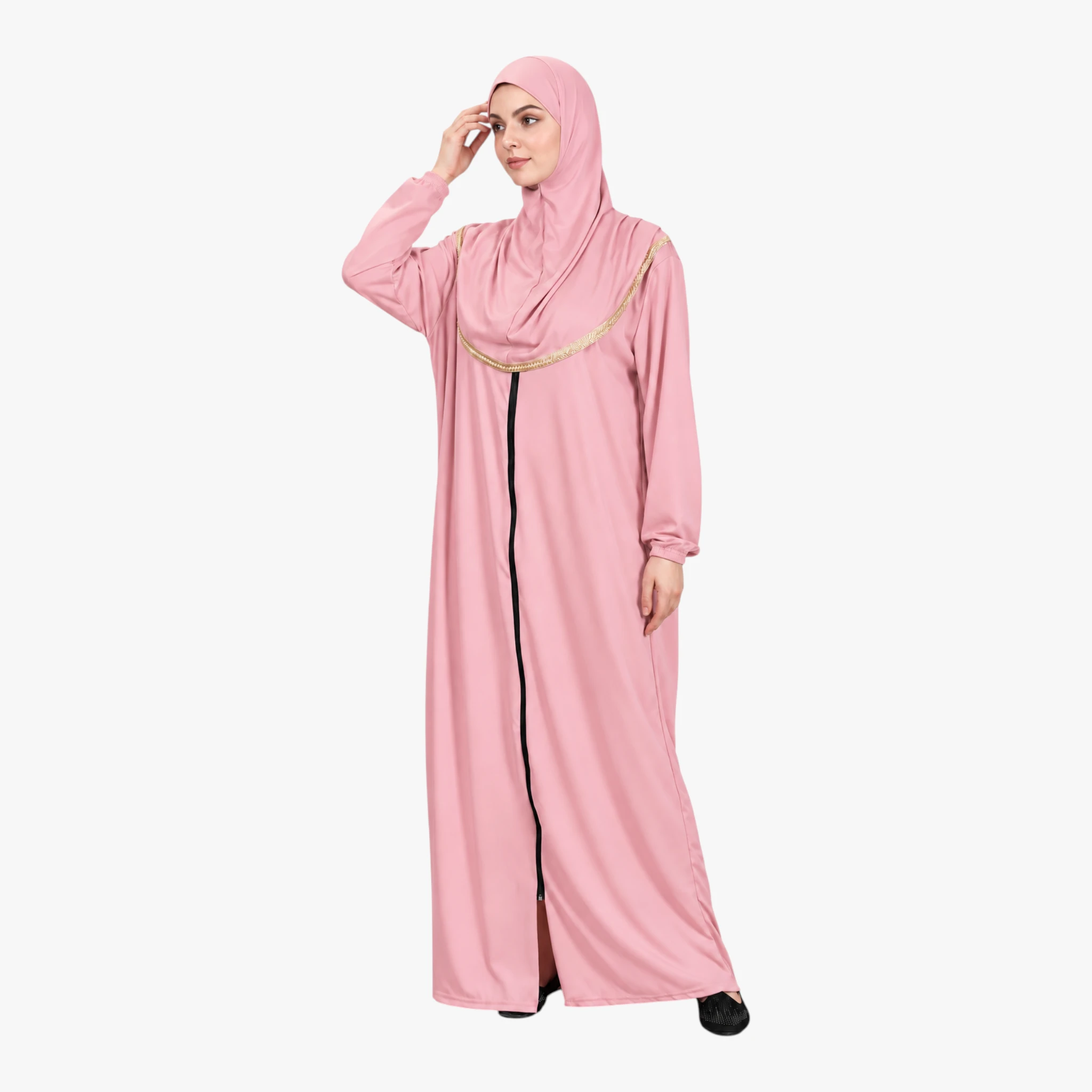 One Piece Prayer Dress with Zipper Soft Jersey Fabric and Attached Hijab Pink